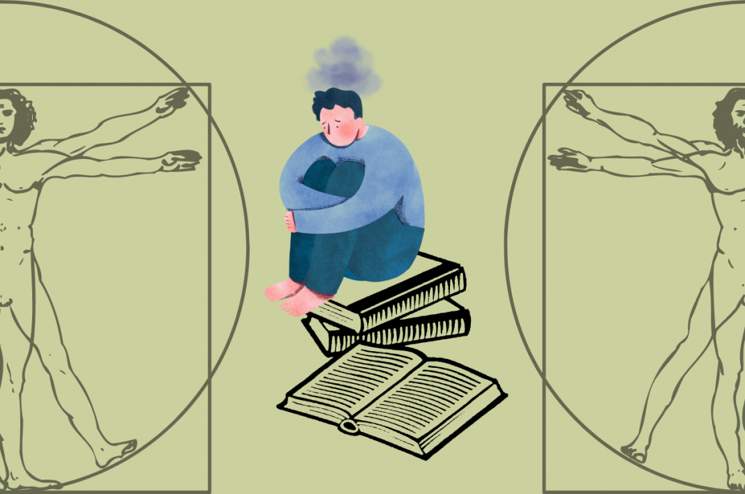 Zeichnung: Mann sitzt traurig auf einem Bücherstapel