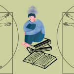 Angststörungen und Depressionen: So geht es HAW-Studierenden Zeichnung: Mann sitzt traurig auf einem Bücherstapel