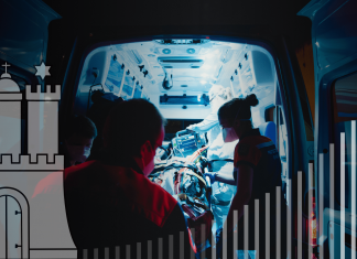 Steigende Belastung, fehlendes Personal: Retter in Not Ein Rettungswagen von Innen hinter dem Wappen von Hamburg.