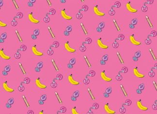 “Unsere Großeltern haben Sex?” Pinker Hintergrund mit Abbildungen von unterschiedlichen Sexspielzeugen.