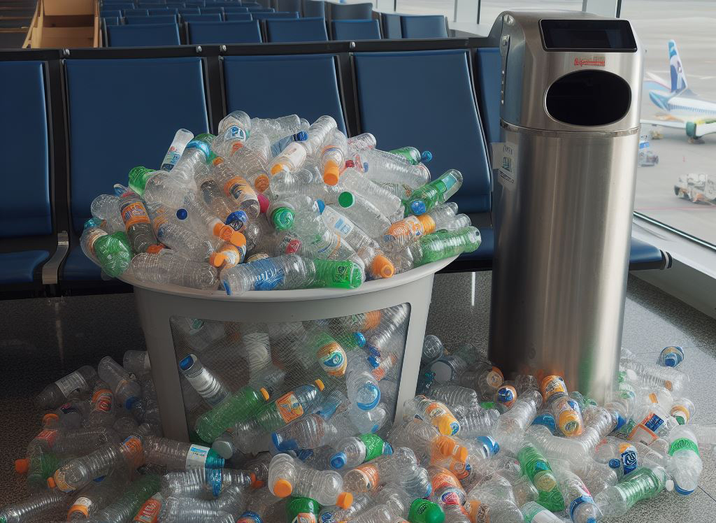 Ein Mülleimer quillt über vor lauter Pfandflaschen. Er steht in einer Wartehalle von einem Flughafen.