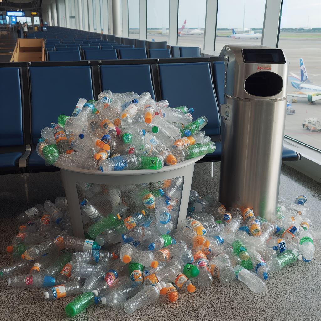 Ein Mülleimer quillt über vor lauter Pfandflaschen. Er steht in einer Wartehalle von einem Flughafen.