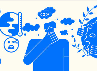 Psychologin: „Klimaangst kann uns motivieren” Klimaangst: Eine Person hält sich die Hand vor das Gesicht. Im Hintergrund schweben Wolken. Smileys zeigen unterschiedliche Emotionen. Die Erde erwärmt sich. Das Klima wird zur Zukunftsangst.