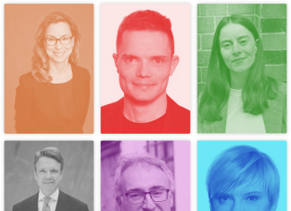 In Teilzeit aufs Ganze gehen? Einblick in Hamburgs Parlament Sechs Porträts von Abgeordnete der Hamburgischen Bürgerschaft. Hinter Farbkachel der jeweiligen Parteifarbe.