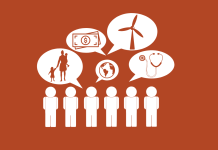 Warum NGOs auf der COP28 wichtig sind Roter Hintergrund mit weißen Symbolen, die Menschen und Themen der COP28 darstellen und von NGO beobachtet werden.