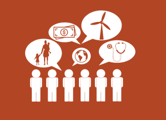 Warum NGOs auf der COP28 wichtig sind Roter Hintergrund mit weißen Symbolen, die Menschen und Themen der COP28 darstellen und von NGO beobachtet werden.