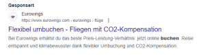 Ein Screenshot von einer Werbeanzeige von Eurowings, in der sie für klimabewussteres Fluegen wirbt.