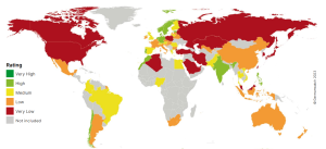 Weltkarte mit den Ergebnissen des Klimaschutz-Rankings.