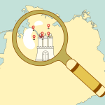 Plattdeutsche Landkarte für Norddeutschland Ein Symbolbild für die "Plattdeutsch-Safari". Eine Deutschlandkarte ist abgebildet. Eine Lupe zoomt in die Stadt Hamburg rein. Ein Hamburgwappen und symbolische Stecknadeln.