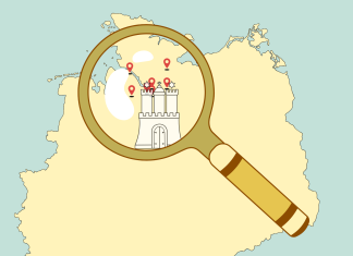 Plattdeutsche Landkarte für Norddeutschland Ein Symbolbild für die "Plattdeutsch-Safari". Eine Deutschlandkarte ist abgebildet. Eine Lupe zoomt in die Stadt Hamburg rein. Ein Hamburgwappen und symbolische Stecknadeln.