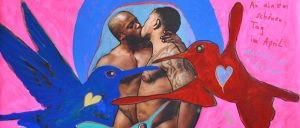 Collage von Rosa von Praunheimk, Zwei Männer die sich nackt küssen, links undrechts fliegen Kolibrie, Foto: Rosa von Praunheim 