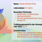 Streckbrief von Mandy Methan. Methan ist ein Treibhausgas. Es wird unter anderem von Rindern ausgestoßen.