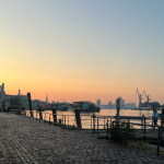 Bald Palmen aus Plastik bis zur Elbkante? Symbolbild: Umgestaltung Fischmarkt. Der Hamburger Fischmarkt im Morgengrauen: Links Pflastersteine mit Blick auf parkende Wohnmobile, rechts die Elbe, im Hintergrund Kräne des Hafens.