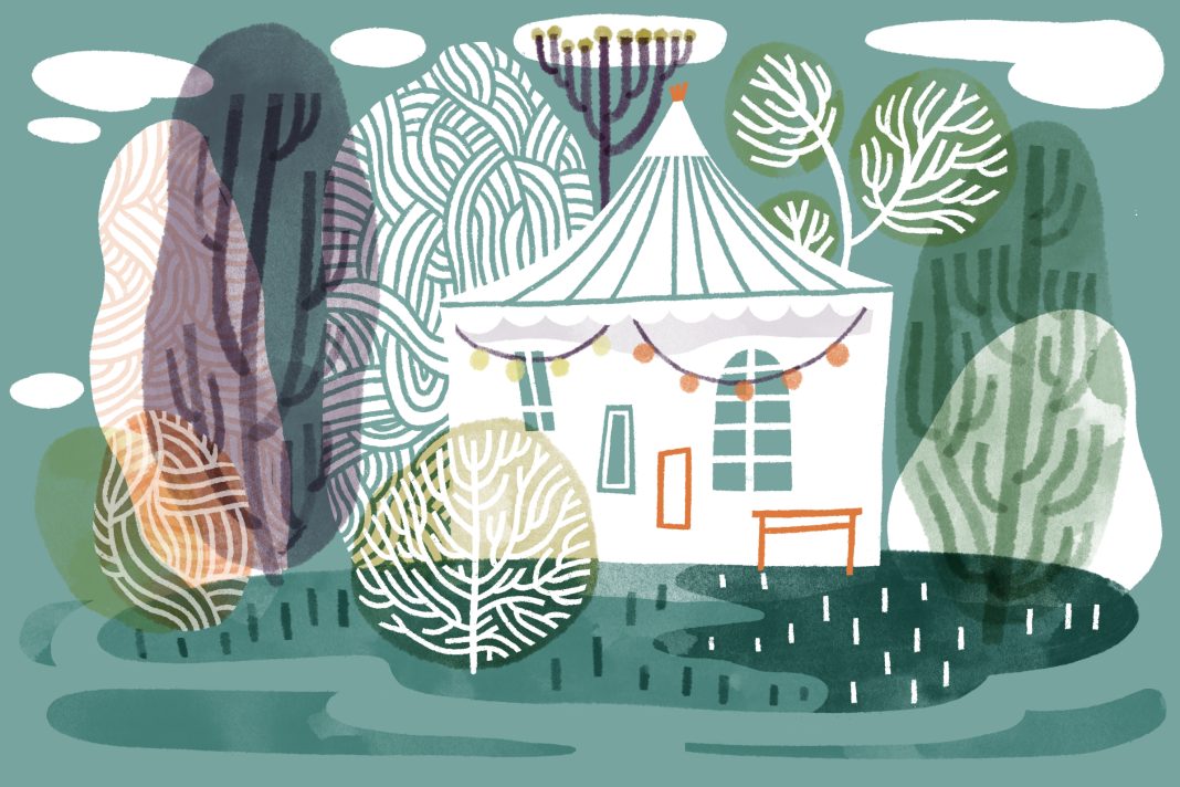 Illustration von einem Zelt, das von Bäumen umgeben ist.