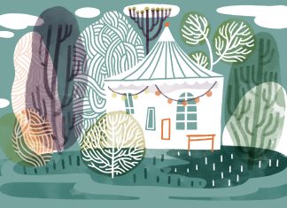 Holz und Illustration: Klimabildung zum Anfassen Illustration von einem Zelt, das von Bäumen umgeben ist.