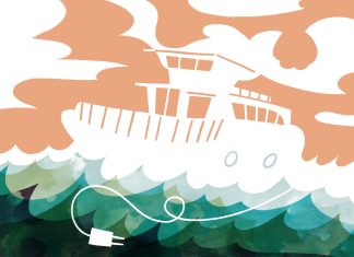 Emissionsfreie Fähren made in Hamburg Eine fiktive Illustration von Anne Geßner zeigt eine emissionsfreie Fähre.