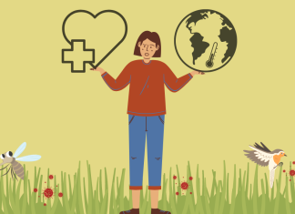 Wenn Klima krank macht In der Mitte steht eine Person, die ihre beiden Hände zur Seite rausstreckt. Auf der einen Hand liegt eine Weltkugel mit einem Thermometer, in der anderen ein Herz mit einem Sanitäter-Kreuz. Vor ihr ist Rasen zu sehen, in welchem Viren, eine Stechmücke und ein Vogel zu sehen sind.