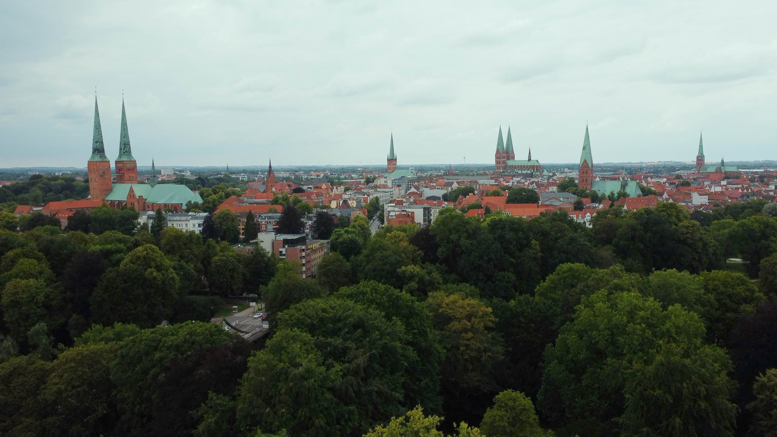 Luftbild der Stadt Lübeck, im Vordergrund Baumkronen, dahinter hohe Kirchtürme und Dächer historischer Gebäude am Horizont