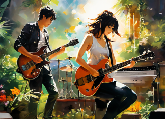 Nachhaltiges Musikbusiness: Mehr als nur ein Traum? Eine Gitarristin und ein Gitarrist stehen vor einem Drumset und einem lichtdurchfluteten Fenster, gezeichnet zwischen vielen Pflanzen.