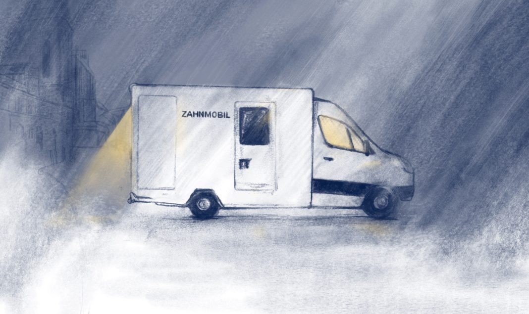 Zeichnung eines weißen Transportes vor einem dunklen Hintergrund