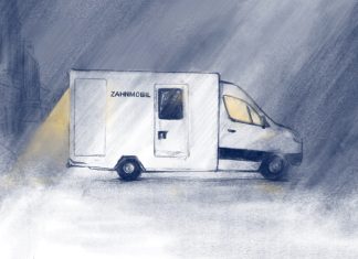 Zähne ziehen ohne Krankenversicherung Zeichnung eines weißen Transportes vor einem dunklen Hintergrund