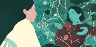 Zwei Menschen sitzen sich gegenüber und reden. Es geht um Mentale Gesundheit. Eine Illustration von Florentine Sießegger.