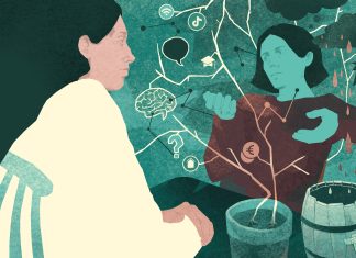 Mentale Gesundheit: Wenn das Fass überläuft Zwei Menschen sitzen sich gegenüber und reden. Es geht um Mentale Gesundheit. Eine Illustration von Florentine Sießegger.