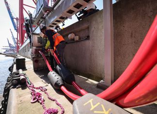 Landstrom für Containerschiffe im Hamburger Hafen Versorgung eines Containerschiffs mit Landstrom am Hamburger Hafen