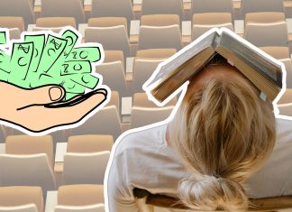 BAföG: Mehr Geld für Studierende Eine Studentin ist verzweifelt. Im Hintergrund ist ein Hörsaal zu sehen. Eine Hand reicht ihr Geld. Es geht um die BAföG-Reform, die im Bundestag beschlossen wurde. Montage: Unsplash (Philippe Bout)/ Pexels (cottonbro studio)/ Pixabay (Clker-Free-Vector-Images)