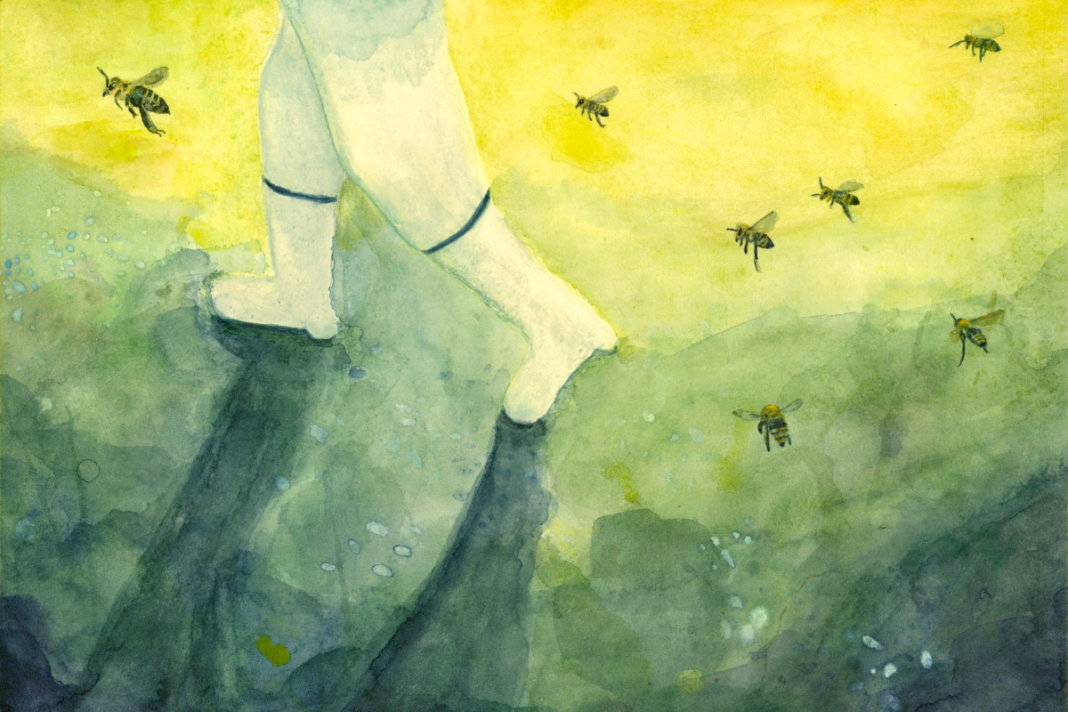 Illustration: Person trägt weiße Stiefel und Hose, sie läuft. Sichtbar bis zum Oberschenkel. Daneben fliegen Bienen auf grünem Hintergrund.