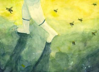 Bienenhotel St. Pauli: Alles außer Honig Illustration: Person trägt weiße Stiefel und Hose, sie läuft. Sichtbar bis zum Oberschenkel. Daneben fliegen Bienen auf grünem Hintergrund.