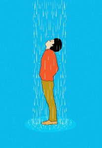 Einsamkeit: Ein Mensch steht im Regen und blickt nach oben.
