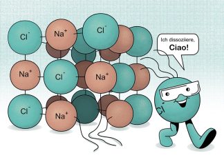 Zwischen Stolz und Enttäuschung: mit Erwartungen brechen? Erwartungen von außen: Ein Chlorid-Ion läuft weg aus seinem Platz im Gitter und sagt dabei "Ich dissoziiere, Ciao!" Illustration: Elizaveta Schefler