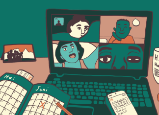 Fernfreundschaft: Aus fünf Kilometern werden 280 Illustration zu Fernfreundschaft mit einem Laptop auf dem mehrere Menschen zu sehen sind.