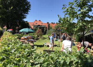 Stöbern und Verhandeln auf Hamburgs Flohmärkten Im Vordergrund steht eine Hecke. Dahinter stehen Menschen, die sich Flohmarkt-Stände ansehen.