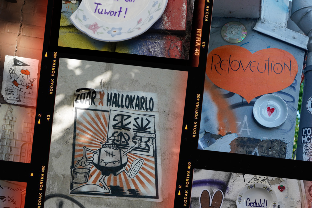 Eine Collage mit Motiven von Hamburger Street-Art. Die Kusnt zeigt Teller von Fraujule* und Graffiti oder Paste-Ups von Hallo Karlo.