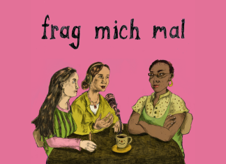 “Frag mich mal”: Der Podcast mit Frauen aus Hamburg Eine Illurstation von drei Frauen an einem Tisch, die einen Podcast aufnehmen.