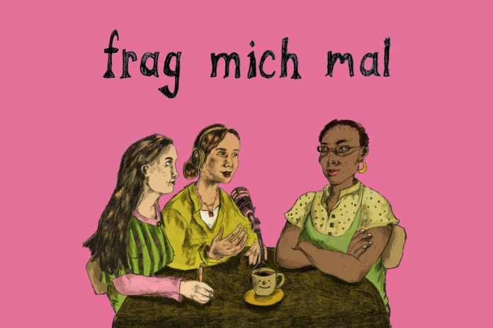 Eine Illurstation von drei Frauen an einem Tisch, die einen Podcast aufnehmen.