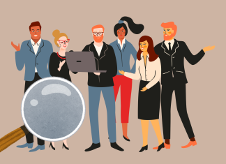 Neue Strategie: So will Hamburg den Fachkräftemangel lösen Eine Grafik zeigt verschiedene Menschen, die beieinander stehen und reden. Vom linken Rand kommt eine Lupe in das Bild.