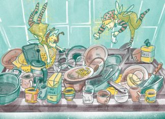 WG-Leben – eine Hassliebe Illustrierte Elfen, die in einer WG dreckiges Geschirr spülen