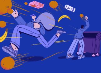 Containern: Müll oder Mahlzeit? Illustration von zwei Personen, die beim Containern Lebensmittel aus einer Mülltonne entwenden