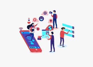 How about work? – Die Medienmesse der HAW Hamburg Eine Illustration, auf der vier Personen zu sehen sind, die auf Bildschirme gucken und sich mit Social Media beschäftigen.