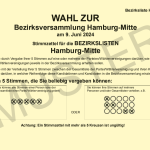 FAQ zu den Bezirkswahlen – Was bringt das eigentlich? Am 09. Juni 2024 sind Wahlen zu den Bezirksversammlungen. Auf dem Bild ist ein Musterwahlzettel. Quelle: Landeswahlamt.