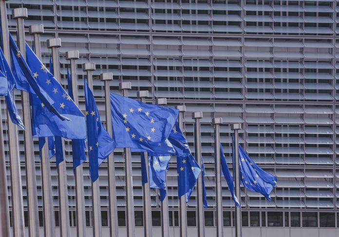 Flaggen der Europäischen Union vor einem Gebäude. Foto: Pixabay