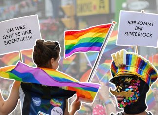 Do’s und Don’ts für den CSD Hamburg CSD Hamburg: Zwei Personen, eine Regenbogenflagge, zwei Demoschilder.