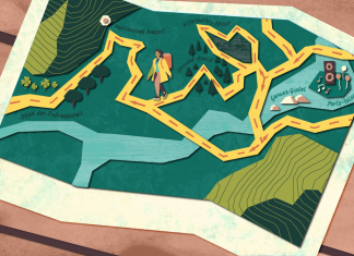 Lieber zufrieden als glücklich Glücklich: Zeichnung einer Wanderkarte mit Höhenprofil.