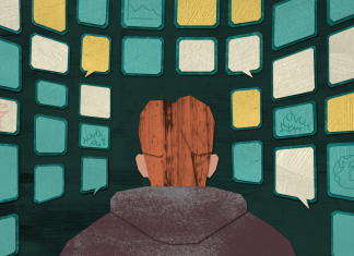 Krisen, Kriege, Konflikte – lieber weghören? Grafik von Maria Hüttl: Eine Person und viele Bildschirme, die Kriege und Konflikte zeigen.