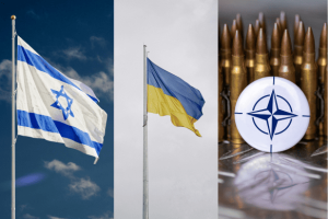 Die Flagge von Israel, von der Ukraine und NATO.