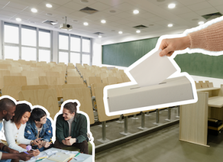 HAW Hamburg: Gremienwahlen müssen teilweise wiederholt werden HAW Hamburg: Wahlwiederholung der Gremienwahlen. Montage, die einen Hörsaal, Studierende und eine Wahlurne zeigt.