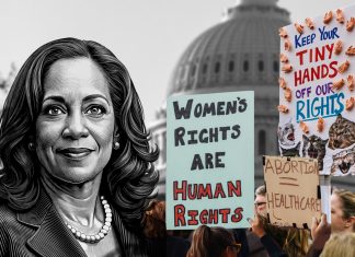 USA: Frauen und Macht – es ist kompliziert Eine Collage aus einer Illustration von Kamala Harris, protestierenden Menschen mit Schildern vor dem amerikanischen Kapitol.
